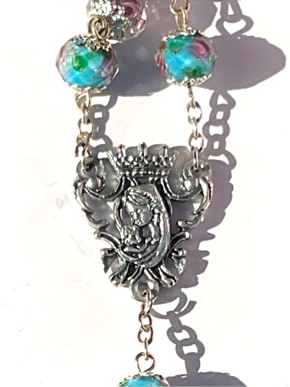 Turquoise Encased Lampwork Crystal Floral Rosary with Bright Pink Roses Inside - Picture 4 of 12